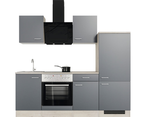 Inbouwkeuken met spoelbak, fornuis, afzuigkap en hangkasten