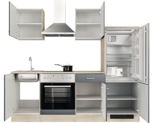 Complete keuken met spoelbak, kookplaat, oven, koelkast en afzuigkap.