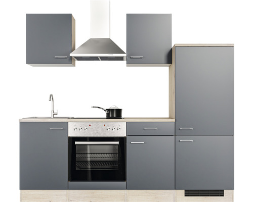 Complete keukenunit met spoelbak, fornuis, afzuigkap en grijze kasten.