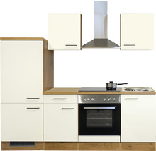 Keuken met bovenkasten, afzuigkap, spoelbak en elektrisch fornuis