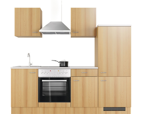 Keukenblok met bovenkasten, afzuigkap, spoelbak, fornuis en koelkast
