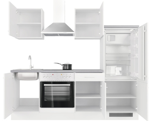 Complete keuken met gootsteen, fornuis, afzuigkap en koelkast met open deuren.