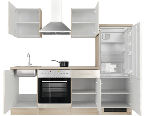 Inbouwkeuken met spoelbak, kookplaat, oven, afzuigkap, koelkast en open kasten