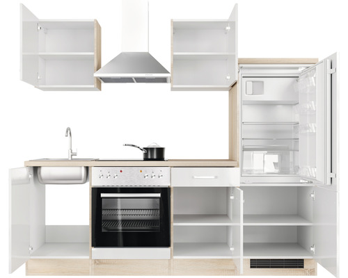 Keukenblok met spoelbak, kookplaat, oven, afzuigkap en koelkast met open kastdeuren