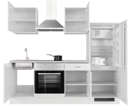 Compacte keuken met spoelbak, kookplaat, oven, afzuigkap, koelkast en hangkasten