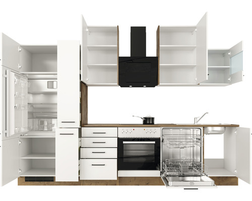 Complete keuken met koel-vriescombinatie, vaatwasser, fornuis en afzuigkap