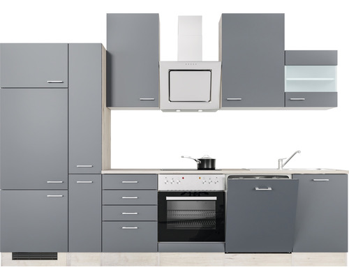 Grijze keuken met bovenkasten, afzuigkap en inbouwapparatuur