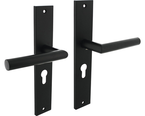 INTERSTEEL Deurkruk paar Bastian op schild met profielcilindergat PC55 zwart mat Zwarte langschild deurklinkset voor binnendeuren