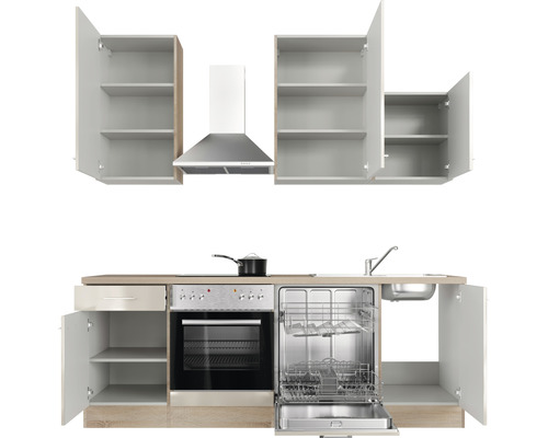 Keukenblok met bovenkasten, afzuigkap, spoelbak, vaatwasser en fornuis