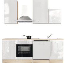 Complete keuken met bovenkasten, afzuigkap, spoelbak, kookplaat, oven en vaatwasser.