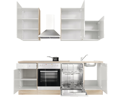 Keukenblok met spoelbak, vaatwasser, fornuis, oven, afzuigkap en hangkasten