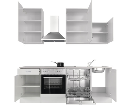 Complete keuken met bovenkasten, afzuigkap, spoelbak, fornuis, oven en vaatwasser.