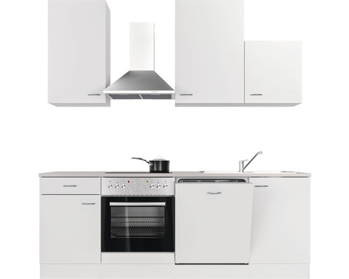 Keuken met boven- en onderkasten, afzuigkap, spoelbak, fornuis en vaatwasser.