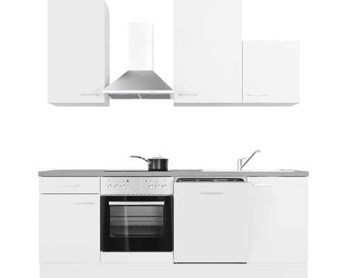 Witte inbouwkeuken met spoelbak, vaatwasser, fornuis, oven en afzuigkap.