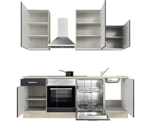 Keukenblok met spoelbak, vaatwasser, kooktoestel, afzuigkap en kasten