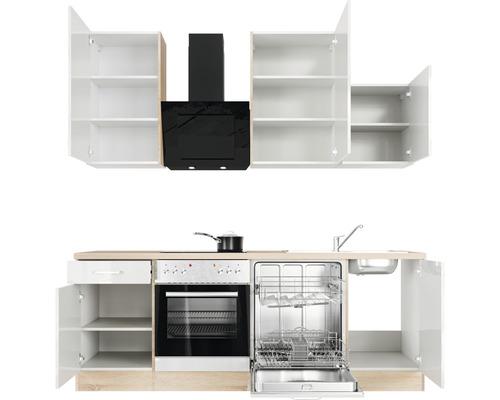 Keukenblok met spoelbak, vaatwasser, fornuis, oven, afzuigkap en kasten