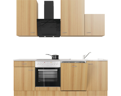 Keuken met bovenkasten, afzuigkap, gootsteen, fornuis, oven en vaatwasser