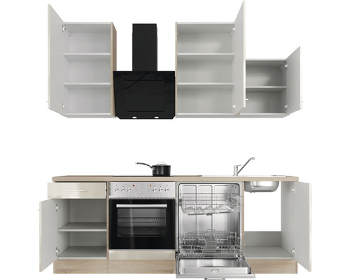 Keukenblok met hangkasten, afzuigkap, spoelbak, fornuis en vaatwasser