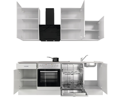 Complete keuken met bovenkasten, afzuigkap, spoelbak, kookplaat, oven en vaatwasser