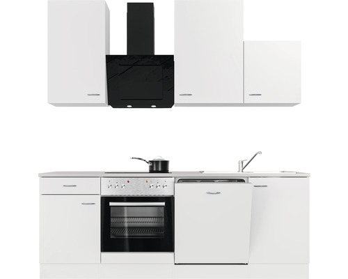 Volledige witte keuken met afzuigkap, spoelbak, fornuis en vaatwasser.