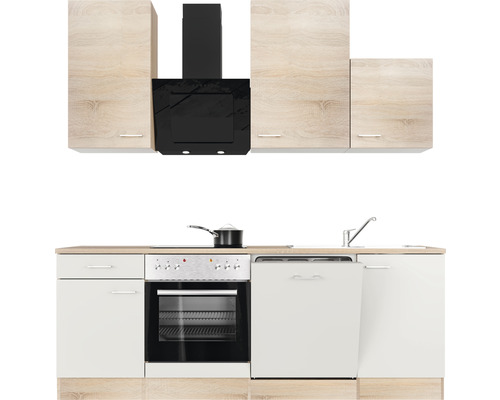 Keuken met bovenkasten, afzuigkap, fornuis, gootsteen en vaatwasser