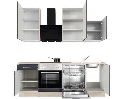 Keukenblok met spoelbak, vaatwasser, fornuis, afzuigkap en hangkasten