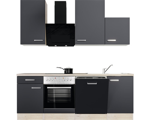 Compleet keukenblok met spoelbak, kookplaat, oven, vaatwasser, afzuigkap en bovenkasten in donkere look