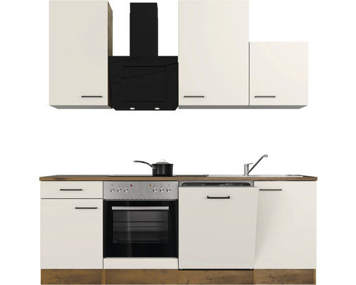 Keuken met bovenkasten, afzuigkap, fornuis, vaatwasser en spoelbak