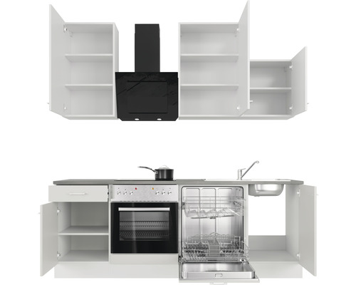 Keukenblok met bovenkasten, afzuigkap, fornuis, spoelbak en vaatwasser