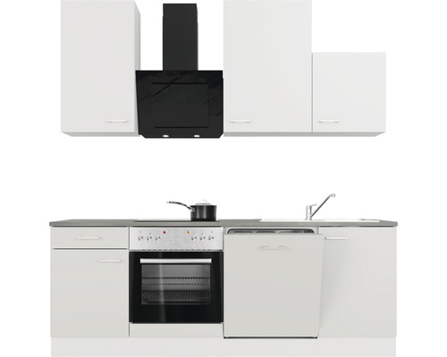 Keukenopstelling met bovenkasten, afzuigkap, spoelbak, kookplaat, oven en vaatwasser.