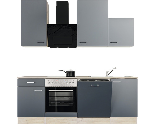 Keukenblok met bovenkasten, afzuigkap, spoelbak, vaatwasser en fornuis