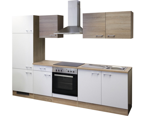 Keukenblok met kasten, spoelbak, fornuis en afzuigkap