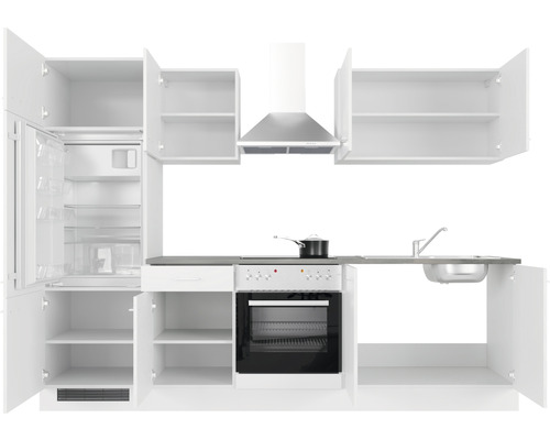 Keukenblok met koelkast, fornuis, gootsteen en afzuigkap