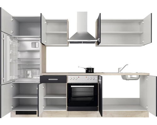 Keukenblok met koelkast, fornuis, spoelbak en afzuigkap