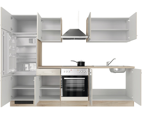 Keukenblok met koelkast, fornuis, spoelbak en afzuigkap