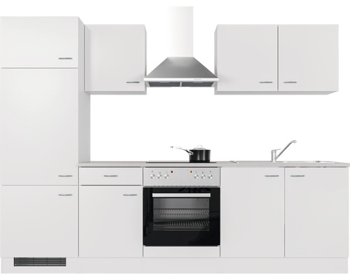 Complete witte keuken met gootsteen, fornuis, oven, afzuigkap en kasten