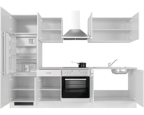 Complete kitchenette met koelkast, fornuis, gootsteen en bovenkasten