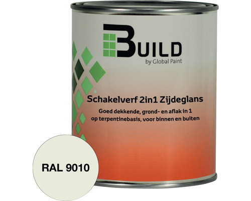 BUILD Schakelverf 2in1 grondlak en aflak RAL 9010 750 ml Build by Global Paint Schakelverf 2in1 zijdeglans verfblik met RAL 9010 kleurveld