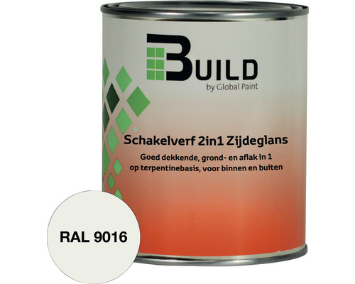 BUILD Schakelverf 2in1 grondlak en aflak RAL 9016 750 ml Build Schakelverf 2in1 Zijdeglans verfblik met RAL 9016 kleurvoorbeeld