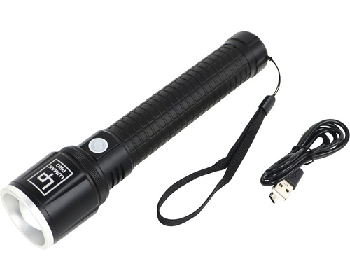 Zwarte Lumak Pro zaklamp met polsband en oplaadkabel