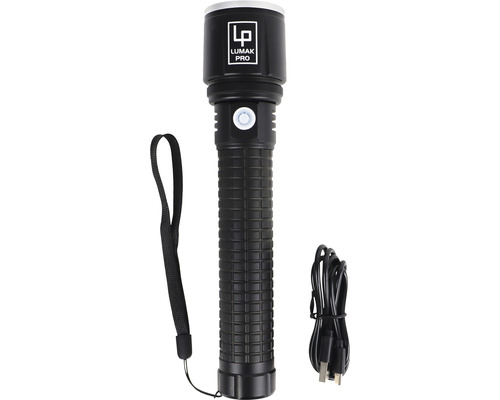Zwarte Lumak Pro zaklamp met polsband en oplaadkabel