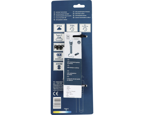 LED accuzaklamp in verpakking met IPX4 beschermingsgraad, type C USB-aansluiting, 7,2 V, 4000 mAh en zoomfunctie