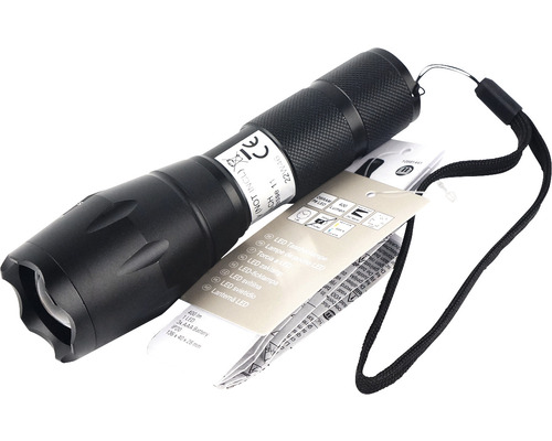 Zwarte led zaklamp met polsband en etiket