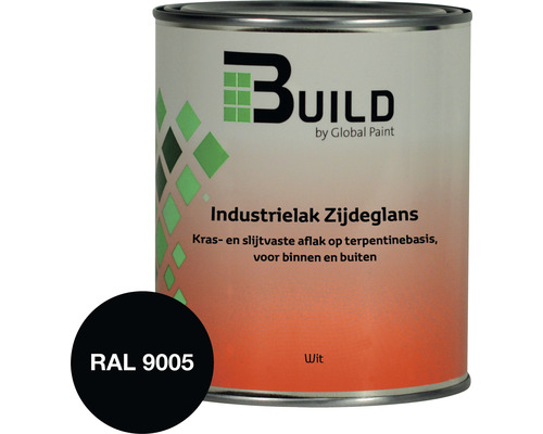 BUILD Industrielak zijdeglans RAL 9005 750 ml Blik industriële lak zijdeglans voor binnen en buiten met het logo van Build by Global Paint en de RAL kleurcode 9005