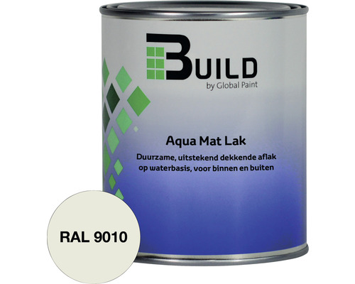 BUILD Aqua lak mat RAL 9010 750 ml Build Aqua Mat lak blik met kleurvoorbeeld RAL 9010