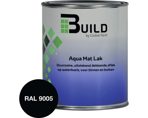 BUILD Aqua lak mat RAL 9005 750 ml Verfblik met Aqua Mat Lak en kleur RAL 9005
