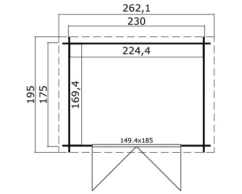 Plattegrond van een tuinhuis met afmetingen