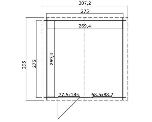 Plattegrondtekening van een tuinhuis met afmetingen