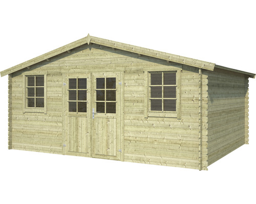 OUTDOOR LIFE Blokhut Udo geïmpregneerd vurenhout olijfgroen 480x300x256 cm Houten tuinhuis met dubbele deur en ramen