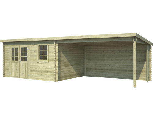 OUTDOOR LIFE Blokhut Aida geïmpregneerd vurenhout olijfgroen 760x275x211 cm Houten tuinhuis met overdekte ruimte voor de Hornbach webshop
